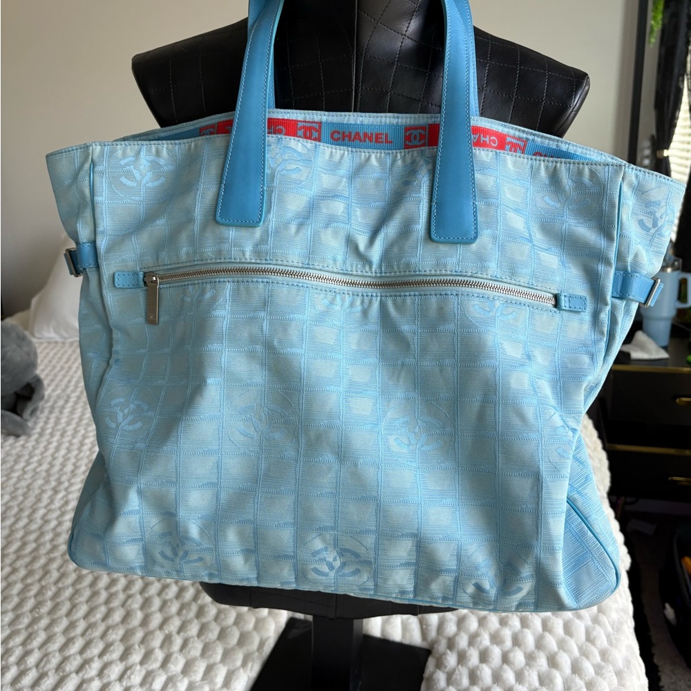CHANEL Light Blue Tote with Red Accents